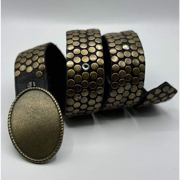Allison Daniel Designs Brown Brass Disc Studded Rhinestone Cotton Belt Sz 34 - Picture 1 of 6